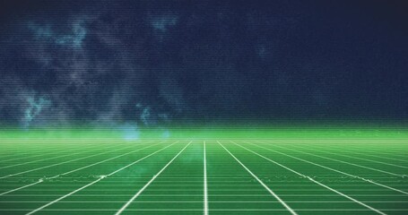 Animation of statistical data processing over green grid network against blue background - Powered by Adobe