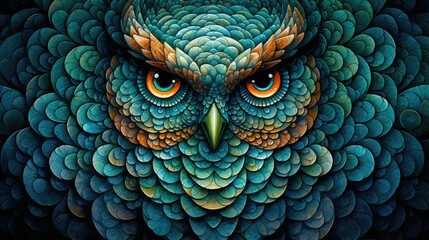 Obraz premium Artistic carved stone pebble mosaic art of an owl bird with captivating eyes, stacked and arranged in concentric circle patterns with detailed ornate textured complexity - generative AI