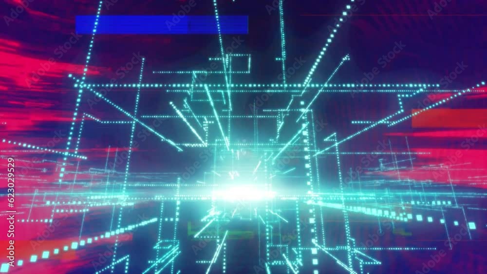 Poster animation of glitch technique over dots forming lines and abstract pattern against black background