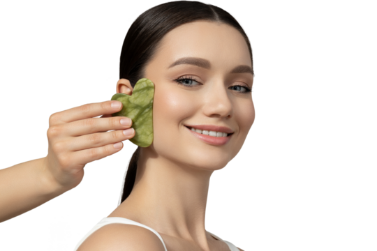 PNG, A girl getting a facial massage with a scraper, isolated on a white background