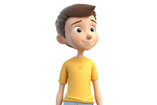 Young guy in yellow t-shirt isolated on white flat background with copy space. Fun cartoon character of happy boy. Generative AI 3d render illustration imitation.