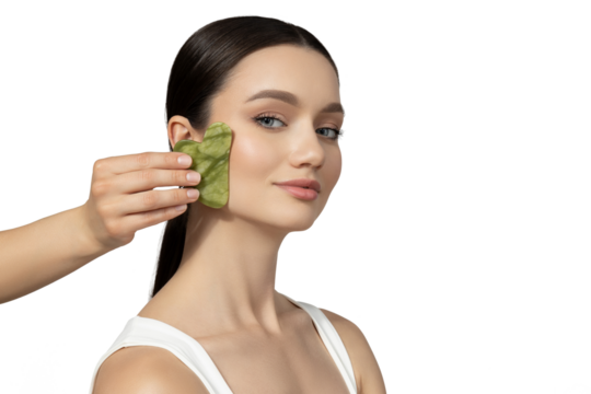 PNG, A girl getting a facial massage with a scraper, isolated on a white background