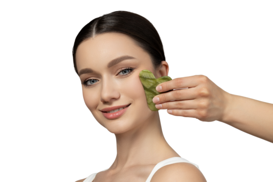 PNG, A girl getting a facial massage with a scraper, isolated on a white background