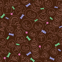 Brown Line art Halloween pumpkin seamless vector background with funny, scary, and angry faces. Halloween vector pattern with white pumpkins and sweets.