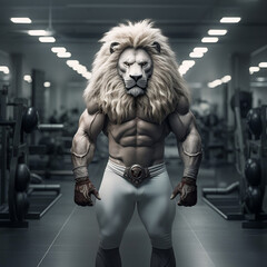 Fototapeta na wymiar fit Lion standing at the gym, Powerful Lion King flexing muscles at the gym, generative AI