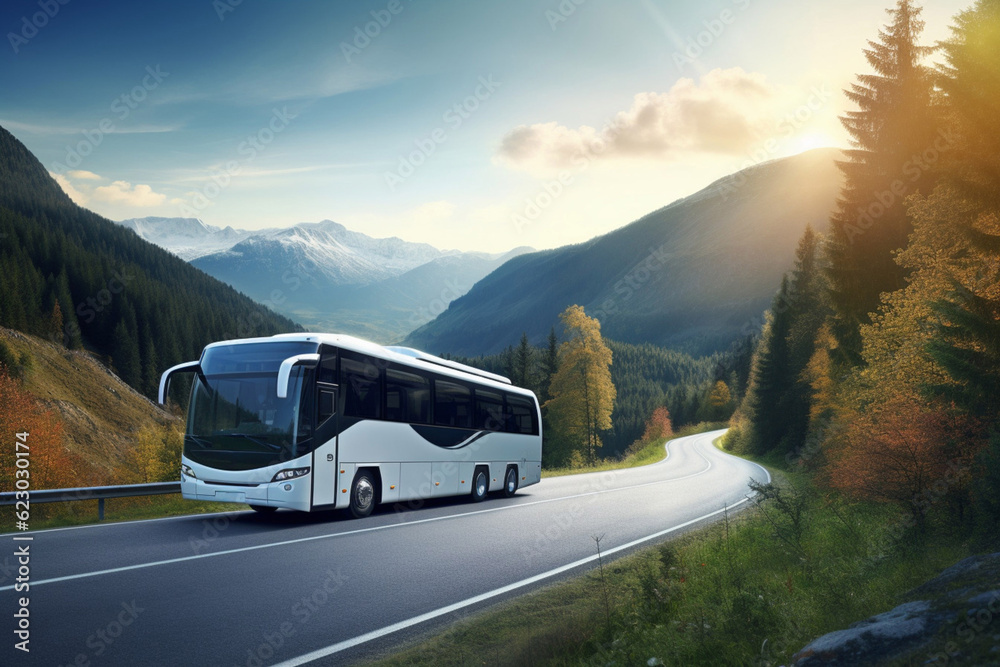 Wall mural white travel bus on a beautiful highway. ai generated - Wall murals