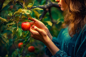 a person touching an apple on the tree