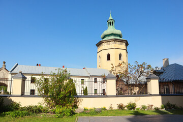 Fototapeta na wymiar Belfry of Church of Saint Lawrence in Zhovkva, Ukraine