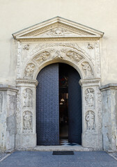 Rich decoration of entrance door of Church of Saint Lawrence in Zhovkva, Ukraine