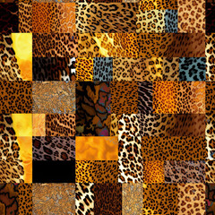 Trendy Leopard skin patchwork seamless pattern. AI illustration..