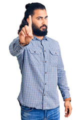Young arab man wearing casual clothes pointing with finger up and angry expression, showing no gesture