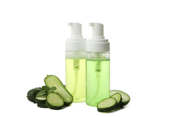 PNG, Bottles with cosmetics and sliced cucumber on white background