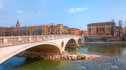 Historical bridge of Victory (Ponte della Vittoria) across the Adige River in the center of Verona...