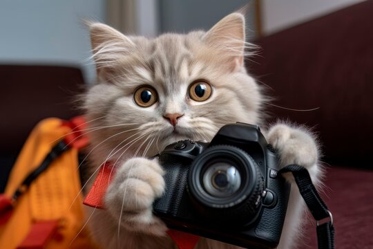 Cute Gray Cat Holding Camera