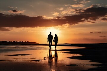 Fototapeta na wymiar Silhouette of a Couple Walking by the Sea at Sunset: Romantic Beach Stroll