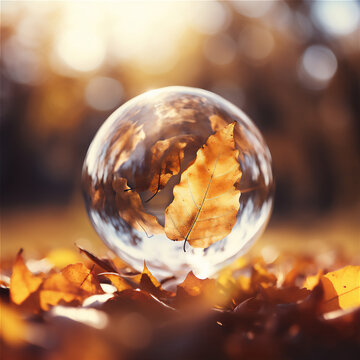 a crystal ball on the autumn forest in sunset, create using generative AI tools