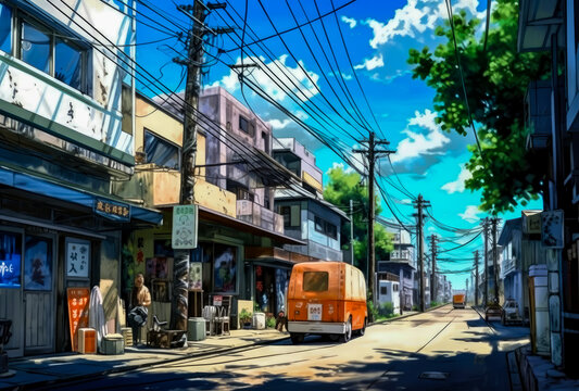 a street in an anime town with a green plants and sunny day