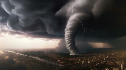 Obraz premium Destructive tornado funnel, natural cataclysm disaster. AI generated.