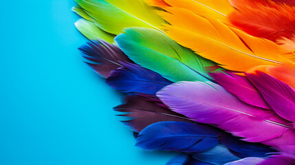 Fototapeta premium Multicolored feathers on a blue background. Place for text.