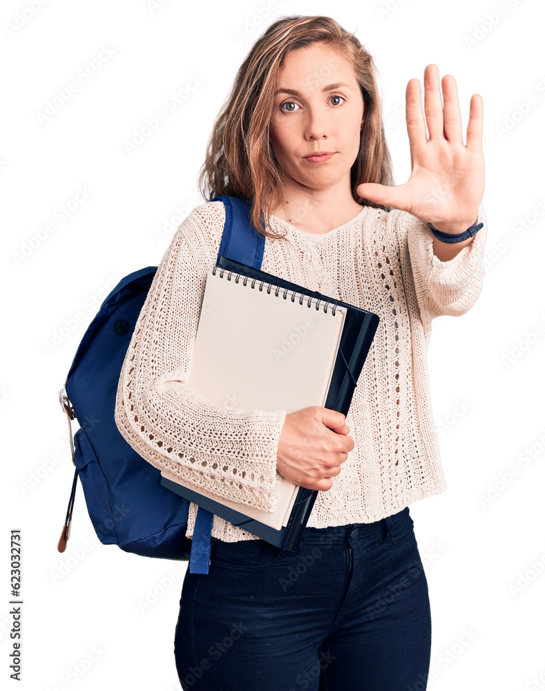 Sticker young beautiful blonde woman wearing student backpack holding notebook with open hand doing stop sig