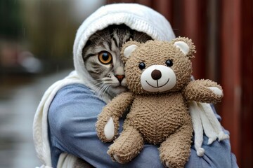 Adorable Gray Cat Embracing a Teddy Bear