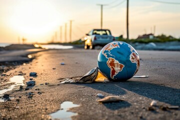 Abandoned and Broken Globe Amongst Waste: Symbol of Planet's Mistreatment and Pollution