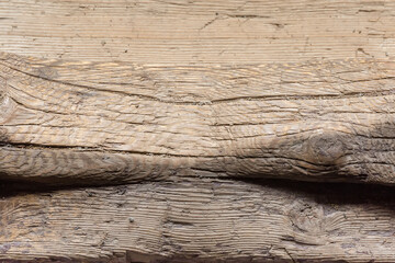 Wooden heavily abraded threshold of the old house, top view