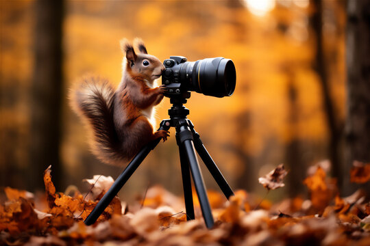 a squirrel with camera on tripod in forest, create using generative AI tools