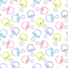 Seamless pattern baby boy girl pacifier dummy. Pink blue violet green. Hand drawn watercolor illustration isolated on white background. Newborn, baby shower, gender reveal party