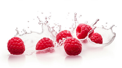 Raspberries with a splash of water on a white background.
