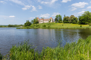 Fototapeta na wymiar Old castle on the opposite bank of pond in springtime