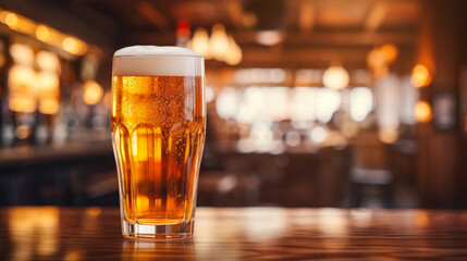 Glass of beer on a table in a pub or restaurant, shallow depth of field