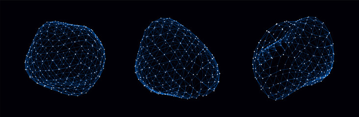 Abstract black sci-fi sphere with particles and lines. Technology network connection on world. Futuristic vector illustration. Global digital connections ai. 3D wireframe geometric sphere.