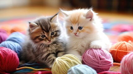 Fluffy kittens engage in a playful session with yarn balls. Watch as they leap, swat, and unravel the strands, completely engrossed in their feline fun. Generated by AI. - obrazy, fototapety, plakaty