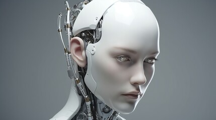 A visually representation of an ultra - realistic robot human-like work, head robot on the grey background