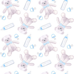 Seamless pattern baby boy blue pacifier dummy, milk bottle, Teddy bear. Hand drawn watercolor illustration isolated on white background. Collection to newborn, baby shower