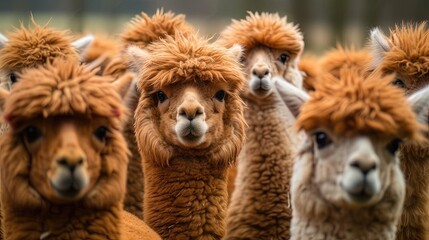 Naklejka premium Furry alpacas, the epitome of cuteness with their soft, plush coats and big, expressive eyes. These gentle and sociable creatures capture hearts with their charming appearance. Generated by AI.