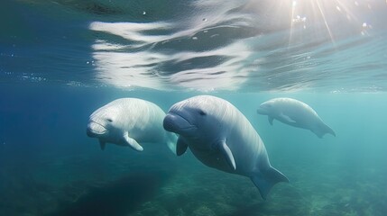 Obraz premium Beluga whales gracefully swimming in the ocean's embrace. These majestic creatures, with their pristine white color and unique rounded heads. Generated by AI.