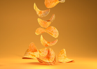 3d rendering of potato chips falling on orange background.