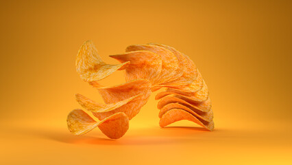 3D render potato chips fried on orange background.