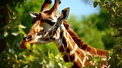 Obraz premium Gentle giraffes as they delicately consume leaves from towering trees. These magnificent creatures, with their slender frames and graceful movements. Generated by AI.