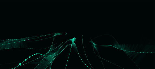 Vector abstract moving DNA wave with dots and lines. Concept network connection system data. Music sound background. Genetic biotechnology and artificial intelligence..