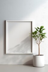 A white frame sits on a wooden floor next to a potted plant, minimalist designs