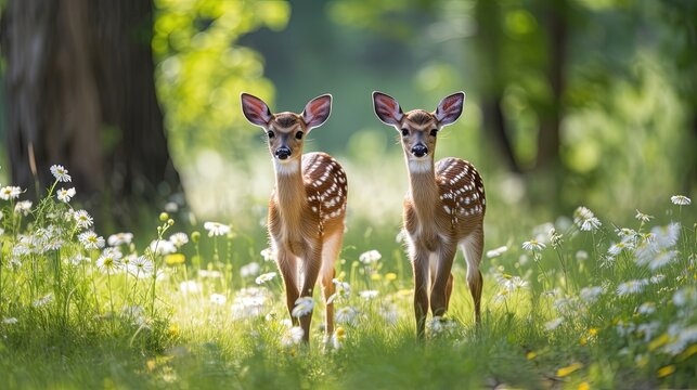 Graceful deer fawns adorned with their delicate white spots. These adorable creatures, with their slender legs and innocent eyes. Generated by AI.