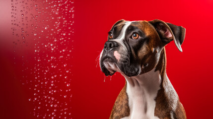 Boxer dog is wet and bathing isolated on red background with copy space