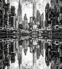 black and white photo shows a city with buildings reflecting