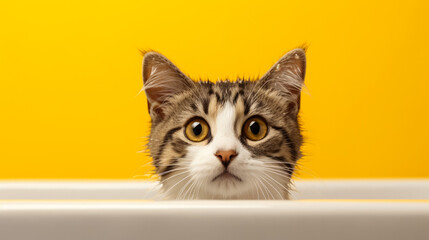 Cat is bathing on yellow background, copy space