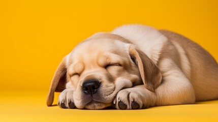 Cute labrador puppy is sleeping on yellow background