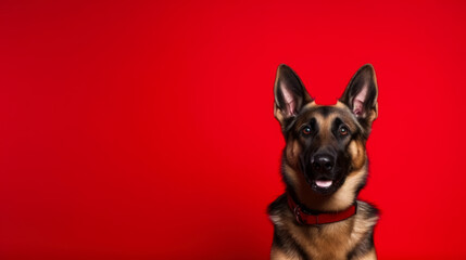 German shepherd isolated on red background with copy space