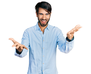 Hispanic man with blue eyes wearing business shirt smiling cheerful offering hands giving assistance and acceptance.